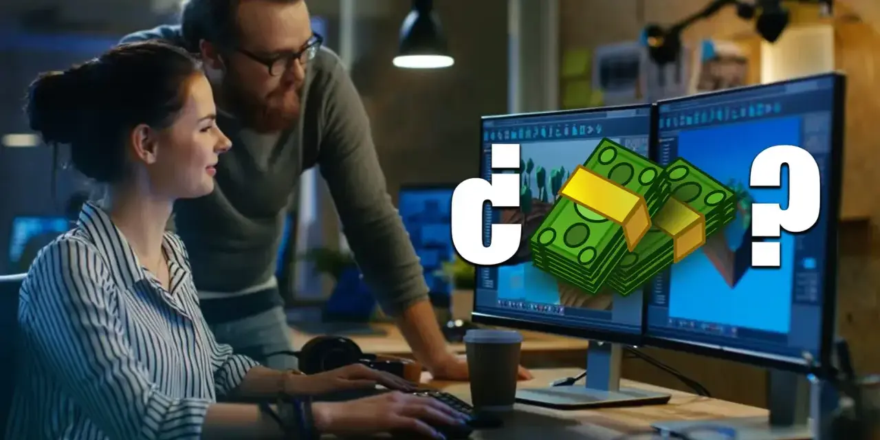 ¿Cuánto cobra un diseñador de videojuegos? Dos personas trabajan en monitores con gráficos de dinero y un signo de interrogación.