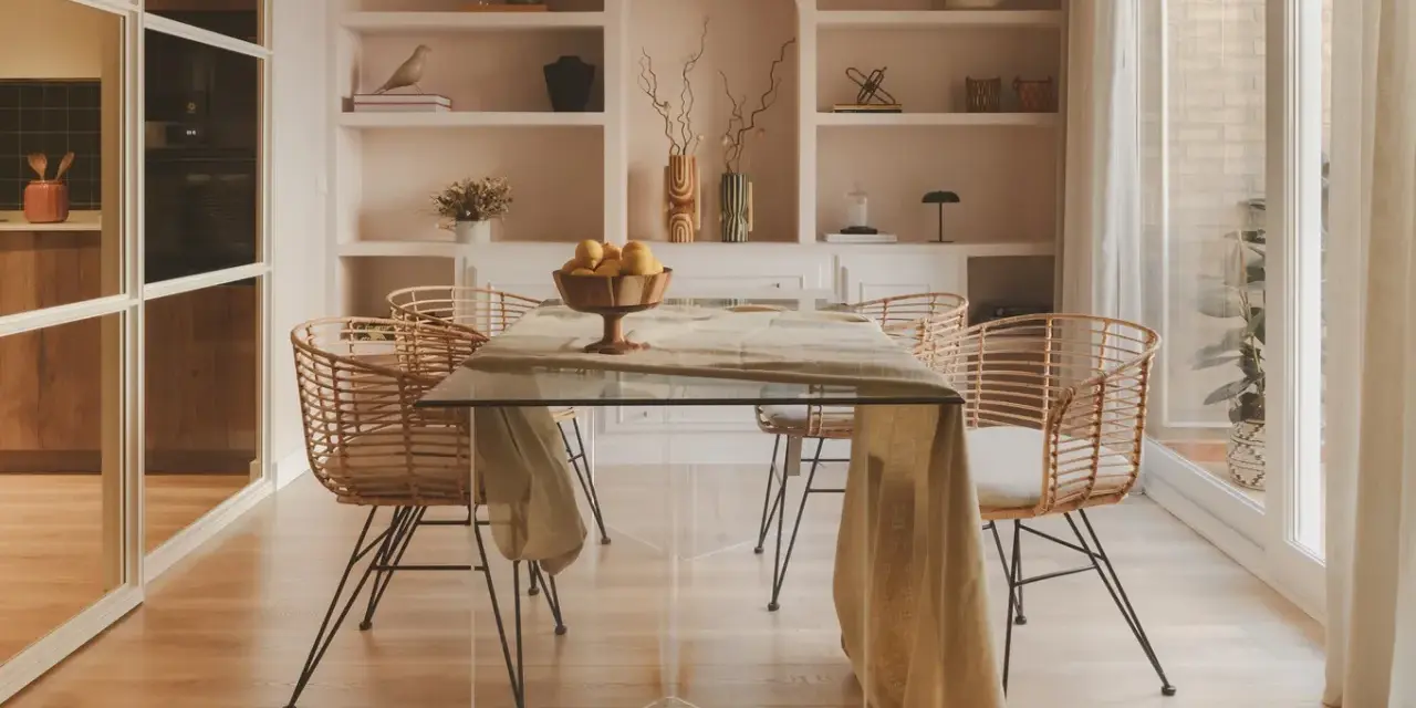 Comedor moderno con mesa de cristal y sillas de ratán. Estanterías empotradas y un toque de diseño de interiores cálido.