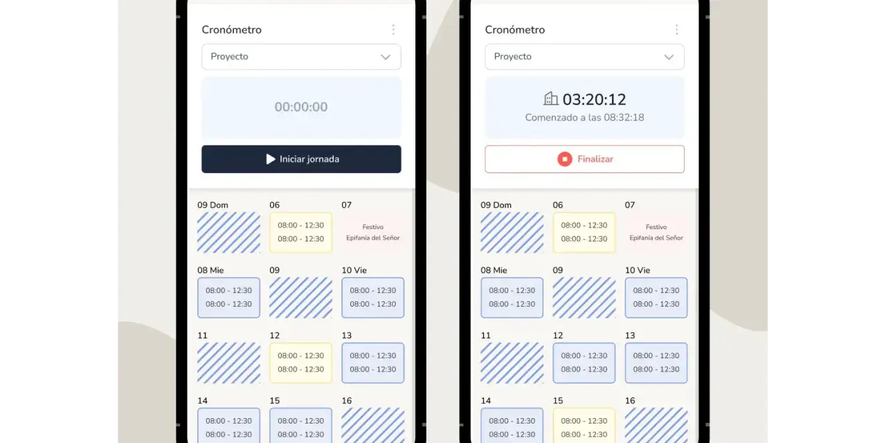 Dos pantallas de móvil muestran aplicaciones para hacer horarios de trabajo. Una con cronómetro y otra con un calendario de turnos.