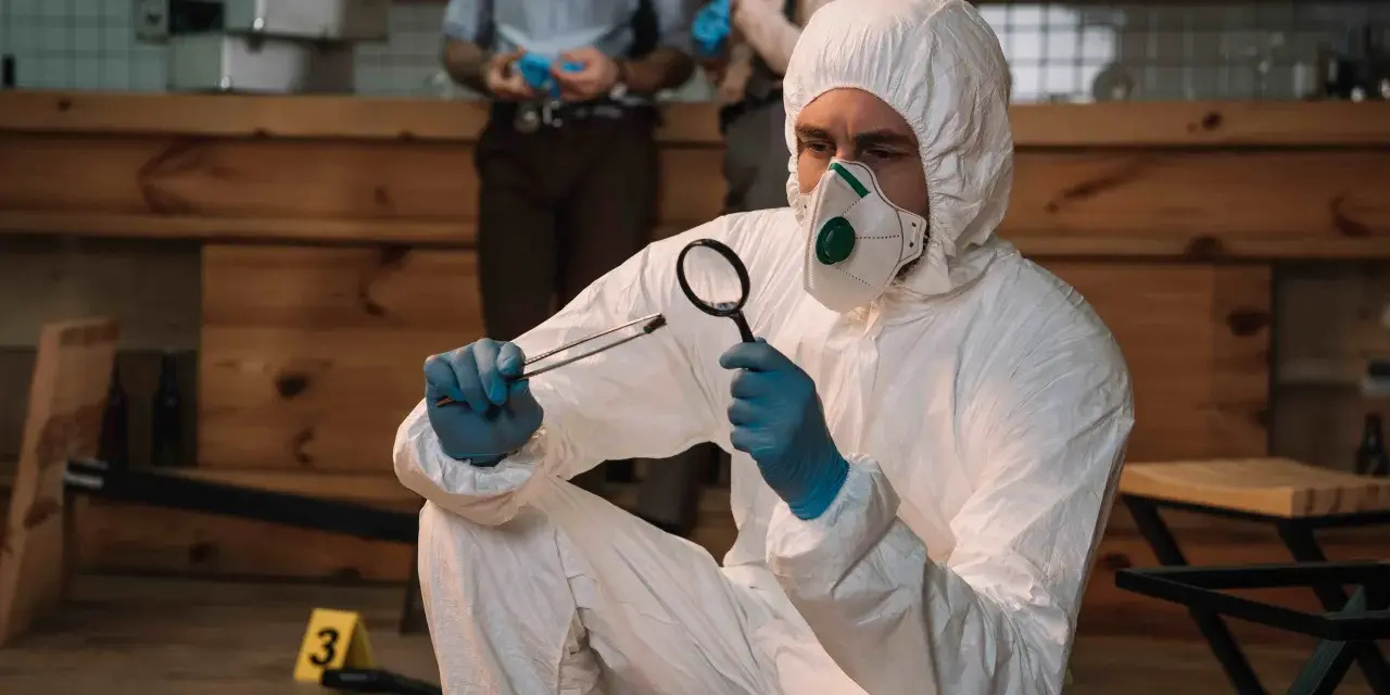 Un forense con traje protector examina una evidencia. Las salidas de la criminología son variadas: investigación, análisis, justicia.