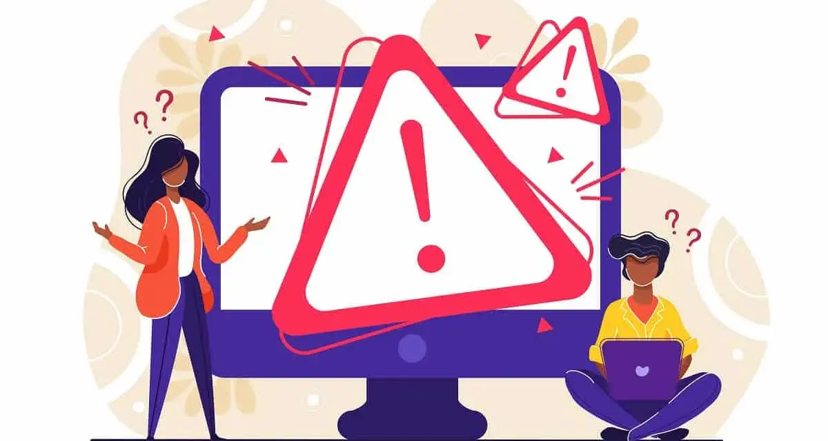 Personas confusas ante un monitor con advertencias. Dibujos sin copyright para ilustrar problemas técnicos o errores.