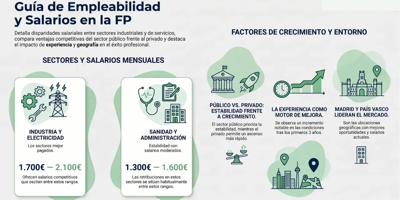 Guía de empleabilidad y salarios en la FP. Muestra salarios por sector, factores de crecimiento y entorno, destacando la industria y electricidad como mejor pagados.