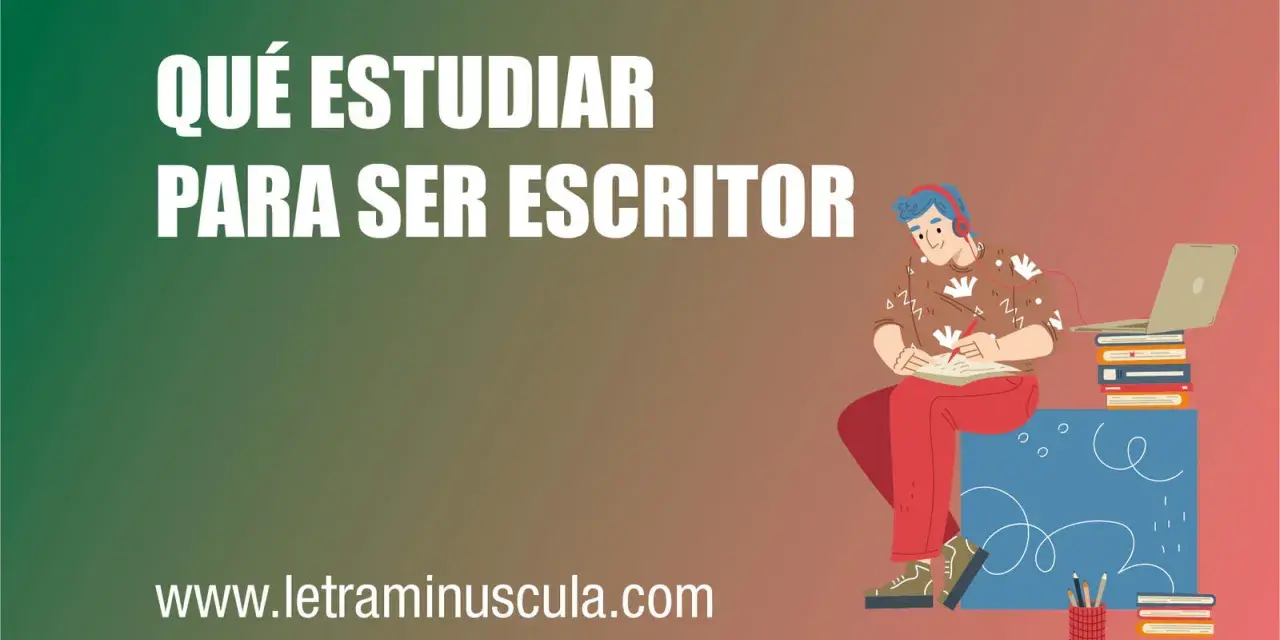 Un joven con auriculares escribe en un cuaderno, rodeado de libros y una laptop. Descubre qué estudiar para ser escritor en www.letraminuscula.com.