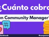 ¿Cuánto cobra un Community Manager? Iconos de corazón, hashtag y pila de monedas doradas.