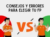 Consejos y errores al elegir tu FP. Un chico confundido junto a una X roja y otro seguro junto a un ✓ verde.