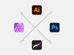 Iconos de programas de diseño gráfico como Adobe Illustrator, Photoshop, Affinity Designer y Procreate, junto a lápices digitales. ¡Explora opciones de programa diseño gráfico gratis!