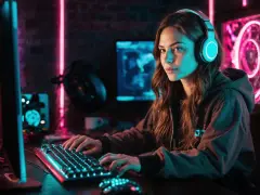 Mujer con auriculares jugando en un PC con luces de neón. Se pregunta cuanto cobra un programador de videojuegos.