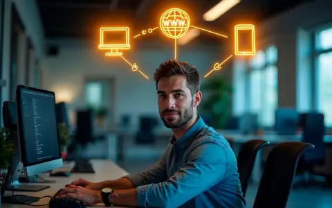 Programador sonriente, con iconos de web, móvil y PC sobre su cabeza, simbolizando el desarrollo de aplicaciones multiplataforma. Sueldo competitivo.