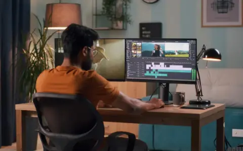 Hombre trabajando en la edición de video profesional en su estudio casero, con dos monitores mostrando la línea de tiempo y clips.