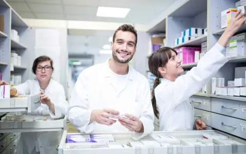Farmacéuticos sonríen en Barcelona, preparándose para sus grados medios.