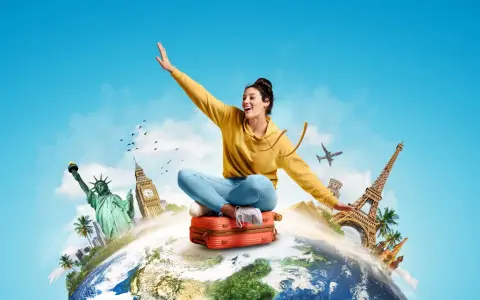 Joven en maleta, rodeada de monumentos icónicos, lista para su grado superior de turismo. ¡El mundo a sus pies!
