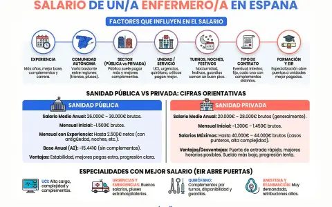 Gráfico sobre cuanto gana una enfermera en España, detallando factores como experiencia, comunidad autónoma, sector público/privado, unidad, turnos, contrato y formación.