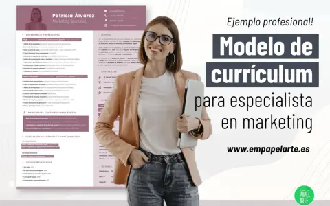 Ejemplo profesional de currículum para especialista en marketing. Muestra las skills que es, experiencia y formación.