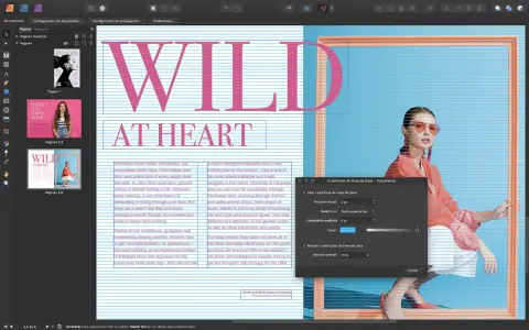 Diseño de revista en InDesign. Se muestra la interfaz con el texto "WILD AT HEART" y una foto de modelo. InDesign sirve para maquetación profesional.