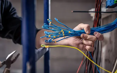 Mano sujetando un manojo de cables azules, preparándose para un trabajo de grado superior electricidad.