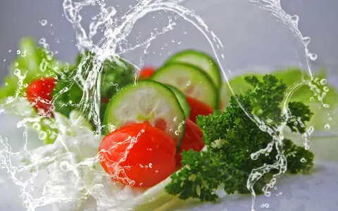Frescos tomates, pepinos y perejil salpicados por agua. Una imagen que inspira una vida saludable y una dietética a distancia.
