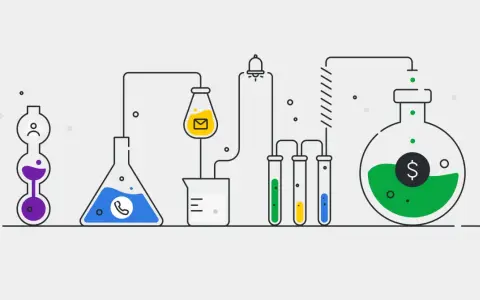 Experimento de laboratorio para la dirección comercial: un teléfono, un sobre y un símbolo de dólar fluyen a través de tubos de ensayo hacia un matraz con dinero.