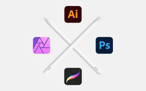 Iconos de programas de diseño gráfico como Adobe Illustrator, Photoshop, Affinity Designer y Procreate, junto a lápices digitales. ¡Explora opciones de programa diseño gráfico gratis!