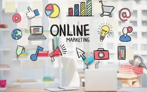 Ilustraciones de marketing digital: cómo empezar en marketing digital, con iconos de redes sociales, gráficos y un portátil.
