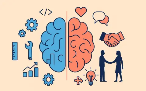Cerebro dividido: lógica (engranajes, código) y empatía (corazón, apretón de manos). Representa que son los soft skills, esenciales para el éxito.