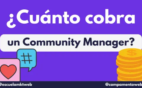¿Cuánto cobra un Community Manager? Iconos de corazón, hashtag y pila de monedas doradas.