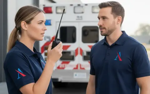 Técnico emergencias sanitarias, mujer con walkie-talkie y hombre con uniforme, frente a una ambulancia.