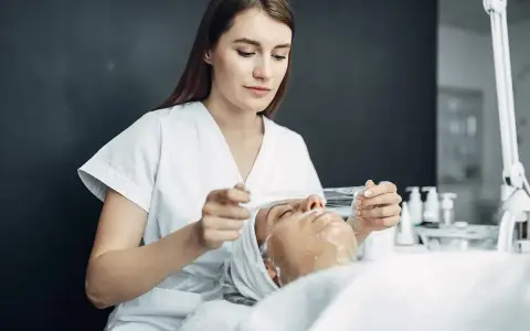 Esteticista aplica tratamiento facial. ¿Cuánto gana una esteticista en España? Descubre el potencial de esta profesión.