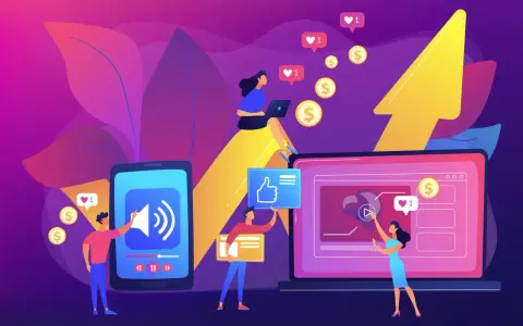 Un responsable de marketing digital interactúa con pantallas, monetizando contenido y obteniendo likes.