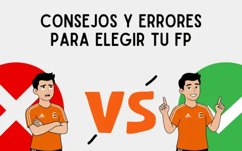 Consejos y errores al elegir tu FP. Un chico confundido junto a una X roja y otro seguro junto a un ✓ verde.