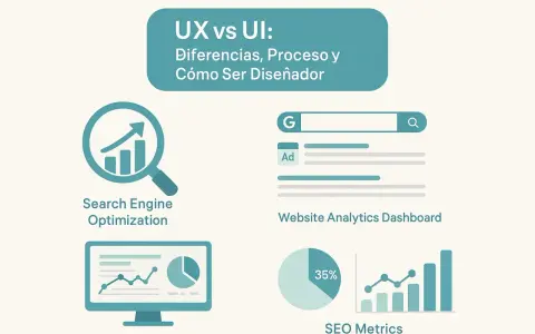 Ilustración sobre UX vs UI, mostrando optimización de motores de búsqueda, análisis web y métricas SEO.