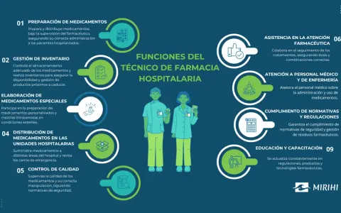 Ilustración de las funciones del técnico de farmacia hospitalaria: preparación, gestión de inventario, elaboración de medicamentos, distribución, control de calidad, asistencia, atención al personal médico y enfermería, cumplimiento de normativas y cap...