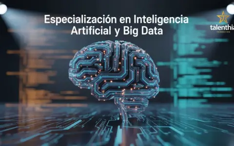 Curso de especialización en inteligencia artificial y big data online. Cerebro digital con circuitos y luces, fondo de código.