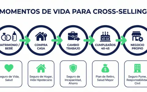 Diagrama de momentos de vida para cross-selling: matrimonio, compra de casa, cambio de trabajo, cumpleaños y negocio propio.