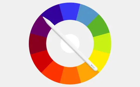 Rueda de colores con tonos ordenados por tonos, cruzada por un lápiz digital blanco.
