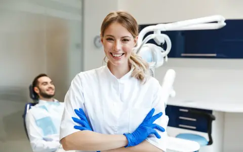 Sonrisa de profesional dental con guantes azules, lista para impartir un curso de higiene bucodental. Paciente relajado en silla dental al fondo.