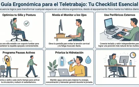 Guía ergonómica para teletrabajar: optimiza silla, monitor, periféricos, pausas y hidratación para un espacio de trabajo saludable.