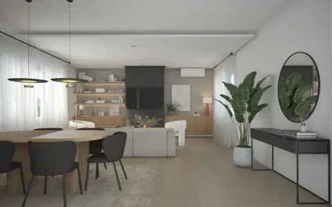 Un elegante salón moderno con mesa de comedor, sofás, estanterías y una consola. El diseño de espacios interiores crea un ambiente acogedor y sofisticado.