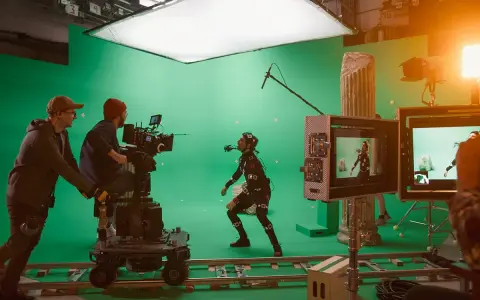 En un set de filmación con pantalla verde, un actor con traje de captura de movimiento interactúa con un equipo de filmación. Esto es vfx que es, la magia del cine.