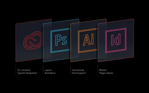 El logo de Adobe y sus aplicaciones: Photoshop (Ps), Illustrator (Ai) e InDesign (Id), mostrando sus funciones.