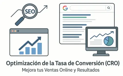 Gráficos de crecimiento y lupa con "SEO" ilustran la optimización de la tasa de conversión (CRO) para mejorar ventas.