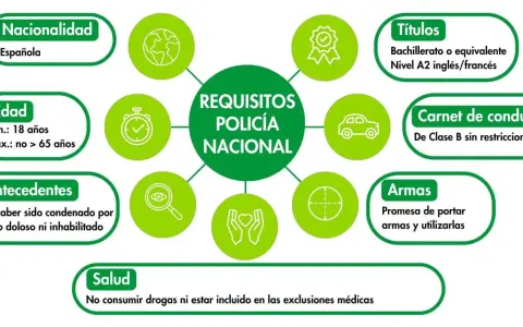 Requisitos para ser policía nacional: nacionalidad española, edad entre 18 y 65 años, sin antecedentes, salud, títulos, carnet de conducir y promesa de portar armas.