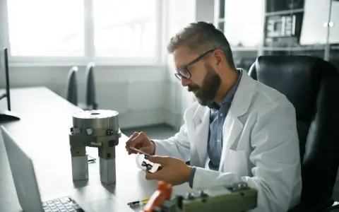Ingeniero biomédico trabajando en un laboratorio, investigando cuánto cobra un ingeniero biomédico.