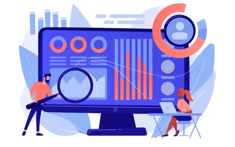 Un marketing product manager analiza gráficos y datos en una pantalla, usando una lupa para investigar tendencias.