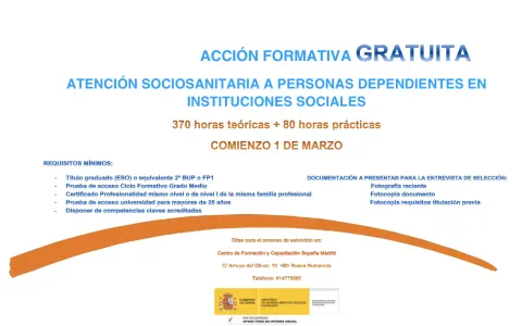 Acción formativa gratuita: atención sociosanitaria en instituciones sociales. Requisitos, documentación y citas para el curso que comienza el 1 de marzo.