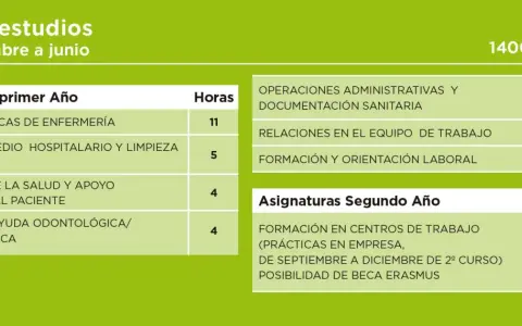 Plan de estudios del grado medio de auxiliar de enfermería, con asignaturas del primer y segundo año, incluyendo prácticas.