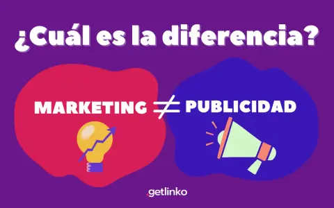 ¿Cuál es la diferencia? Marketing (bombilla con flecha ascendente) ≠ Publicidad (megáfono). Una guía visual para entender el marketing y la publicidad.