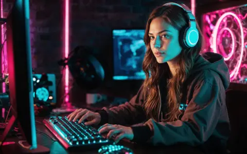 Mujer con auriculares jugando en un PC con luces de neón. Se pregunta cuanto cobra un programador de videojuegos.