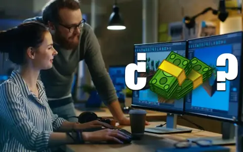 ¿Cuánto cobra un diseñador de videojuegos? Dos personas trabajan en monitores con gráficos de dinero y un signo de interrogación.