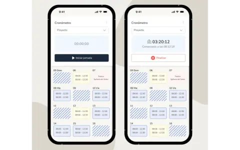Dos pantallas de móvil muestran aplicaciones para hacer horarios de trabajo. Una con cronómetro y otra con un calendario de turnos.