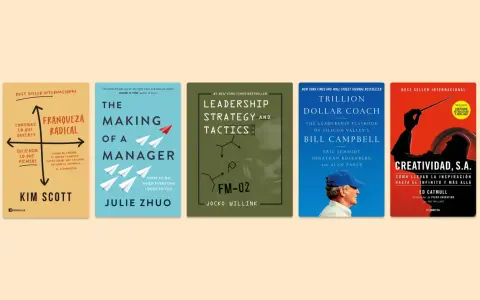 Cinco portadas de los mejores libros de estrategia: "Franqueza Radical", "The Making of a Manager", "Leadership Strategy and Tactics", "Trillion Dollar Coach" y "Creatividad, S.A.".